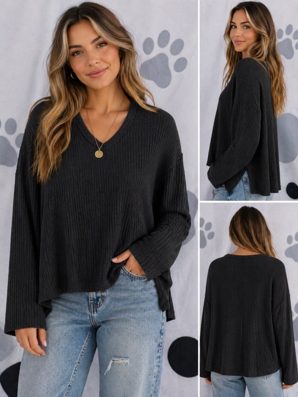 American Eagle Outfitters Black Ribbed V-Neck Long Sleeve Top